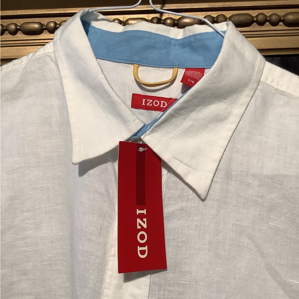 IZOD Linen White Long Sleeve Shirt with Blue Cuffs - Sz Large - NWT